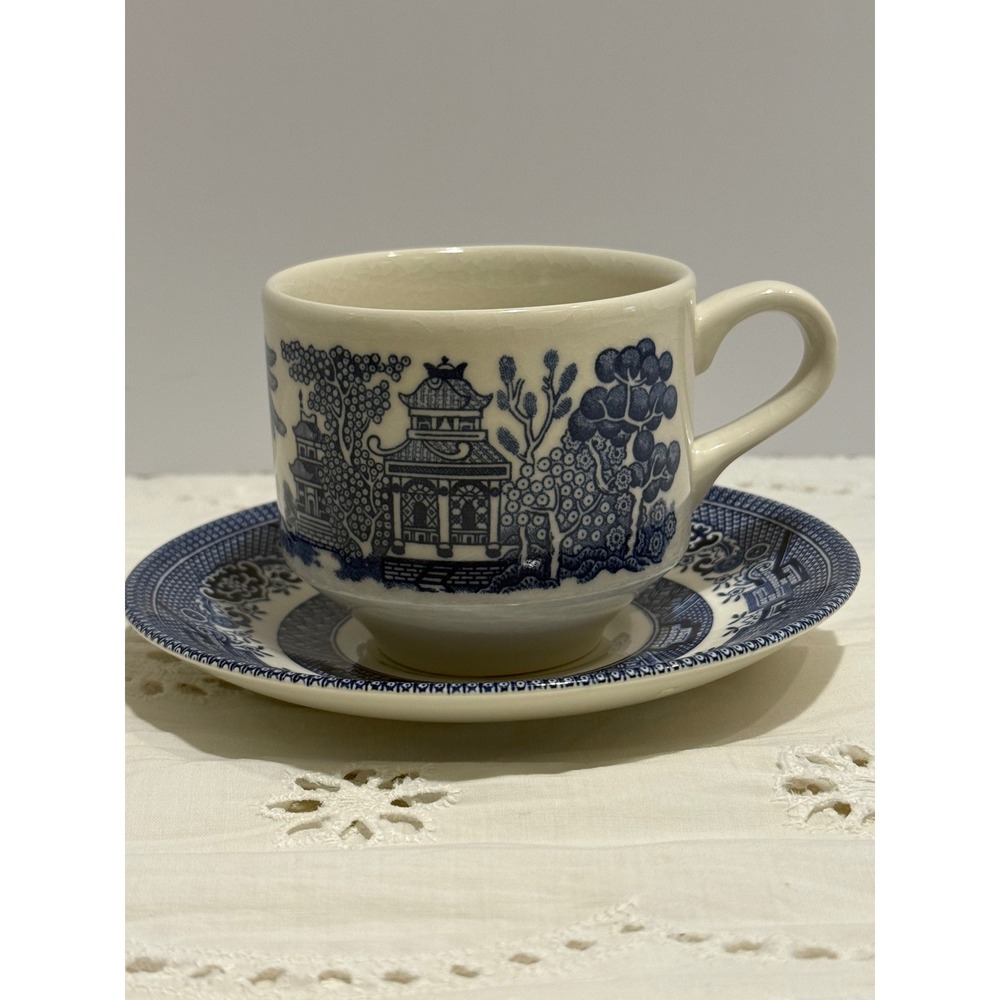 Churchill Blue Willow Tea Cup & Saucer Set Fine English Tableware England